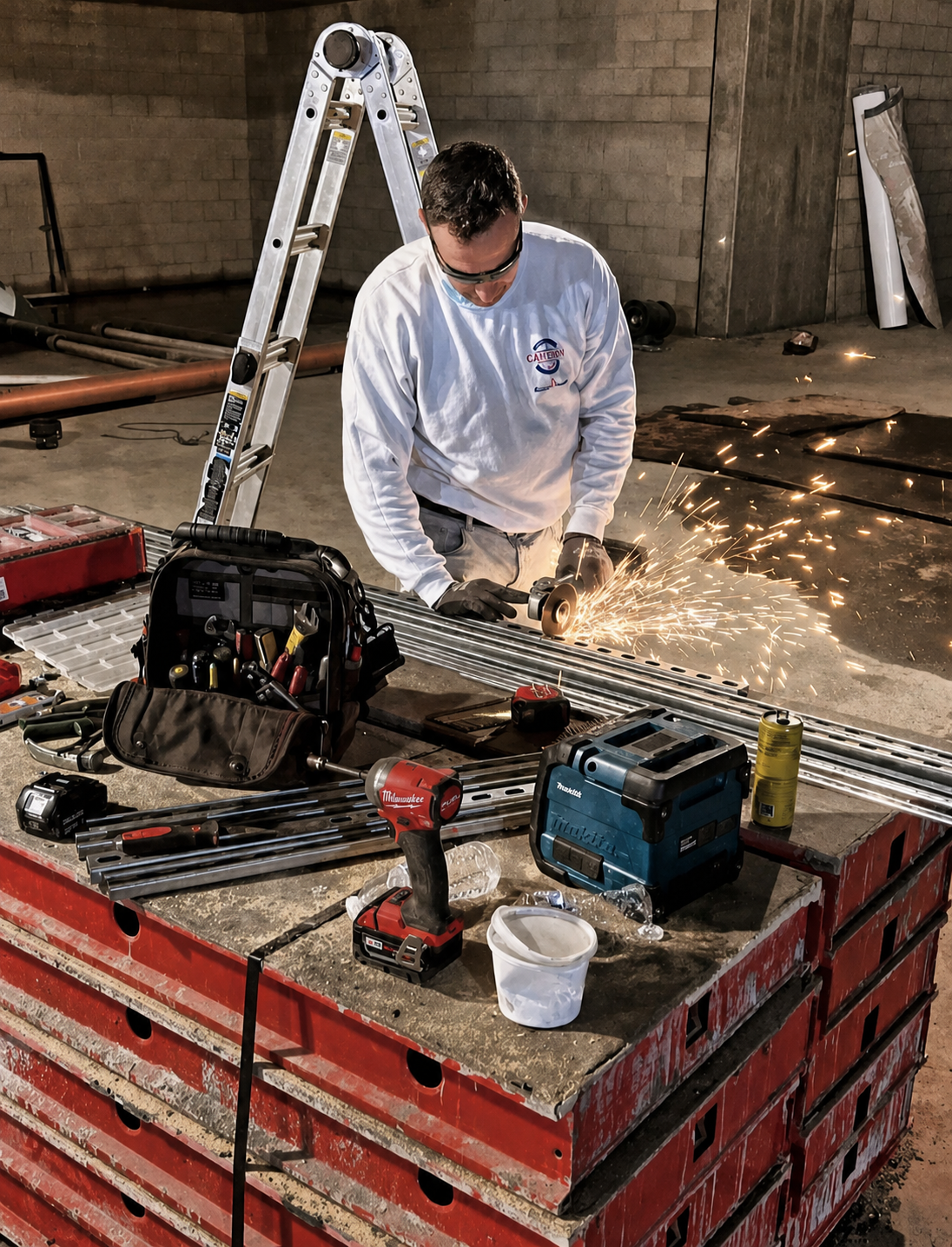 Technician cutting metal support channel during commercial mechanical installation.