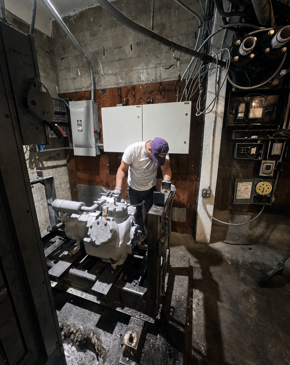 Technician servicing commercial mechanical-room compressor equipment.