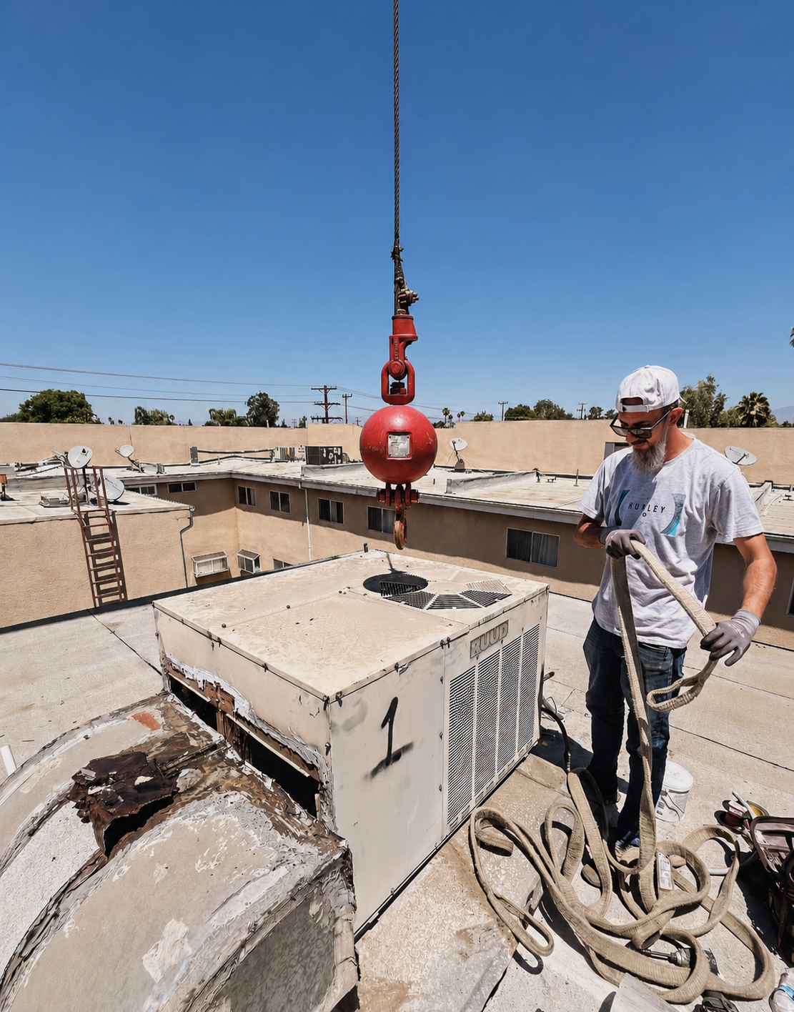 Technician preparing an existing rooftop package unit for crane-assisted removal.